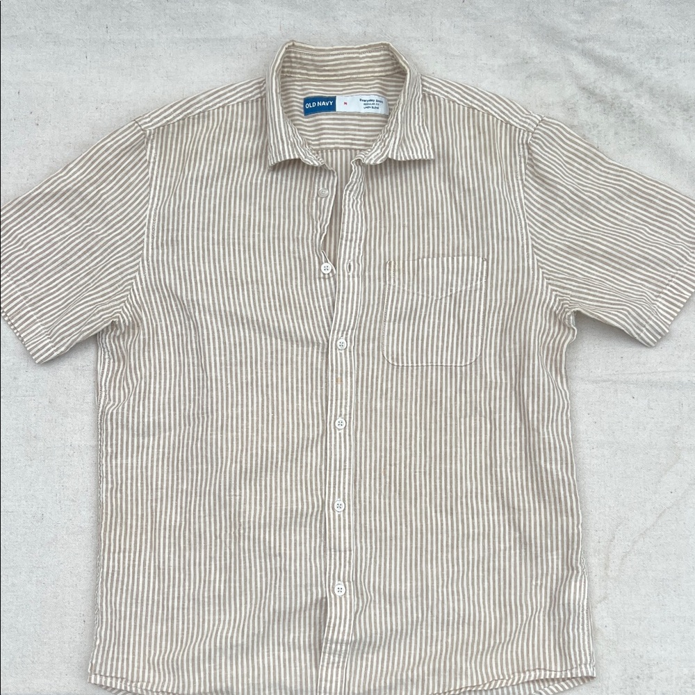 Old Navy Men’s Beige and White Striped Linen-Blend Button-Down Shirt - Picture 3 of 4